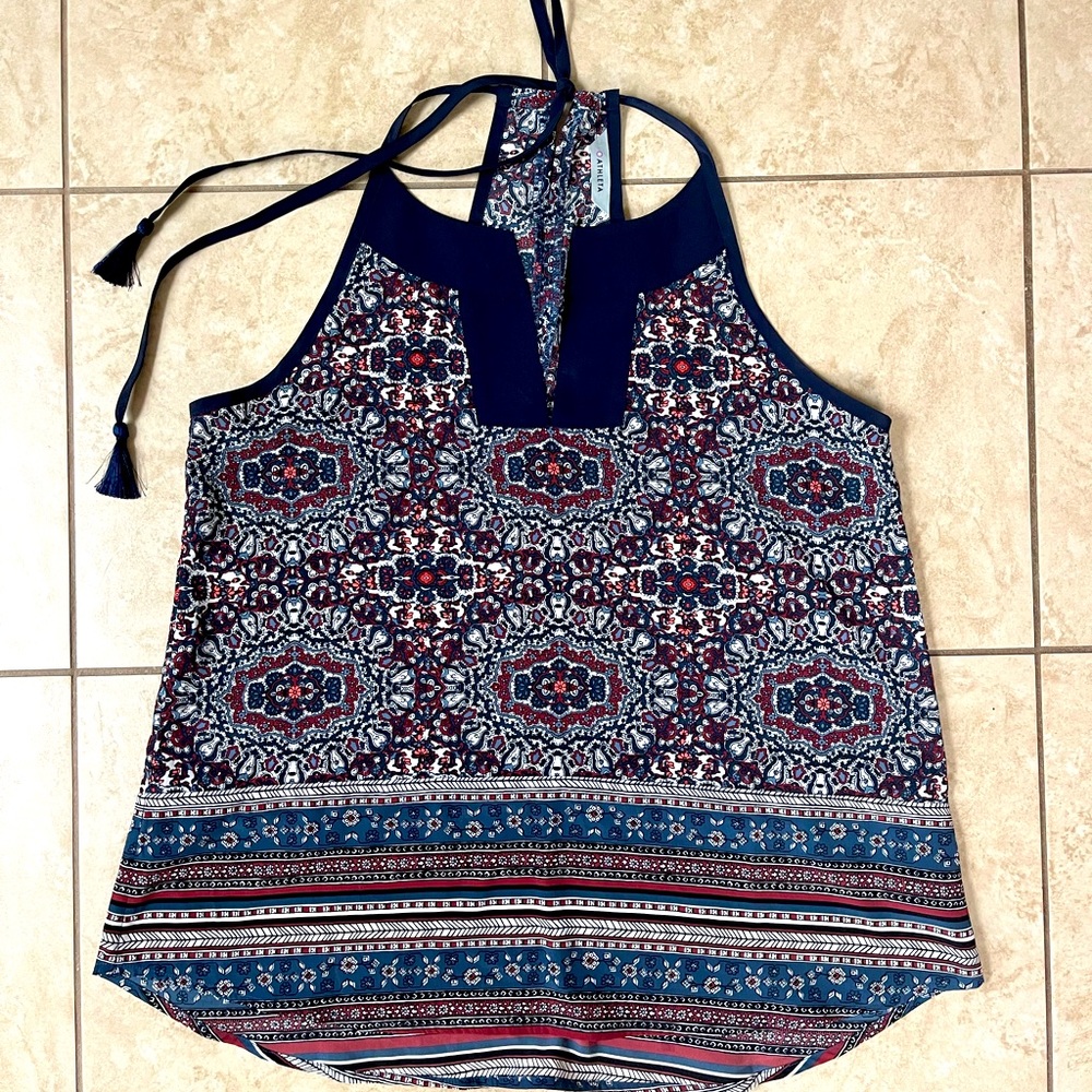 Athleta Blue Medallion Dunes Halter Split Neck Sleeveless Top